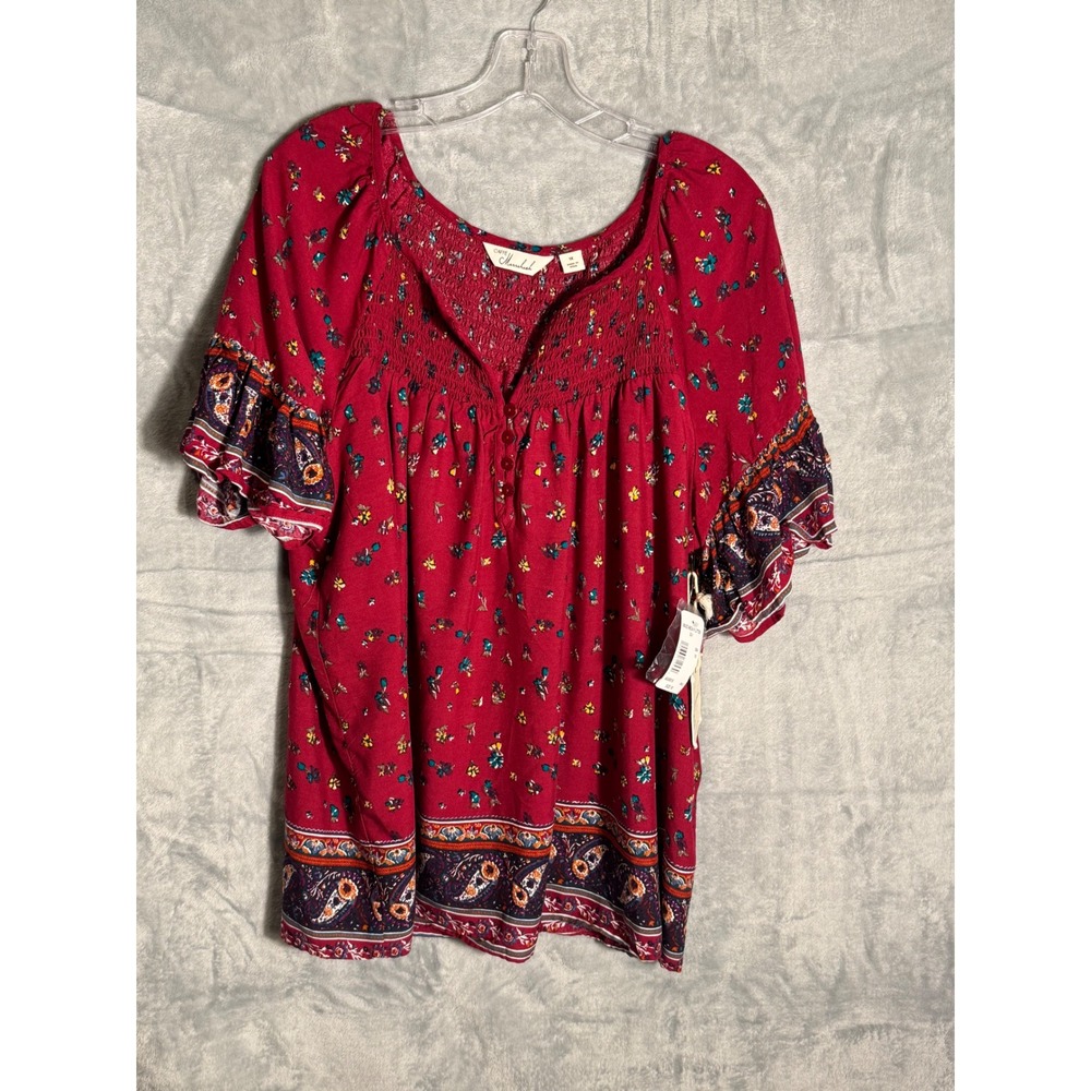 Caffe Marrakesh Womens 1X Red Floral Smocked Flutter Sleeve Boho Blouse NWT